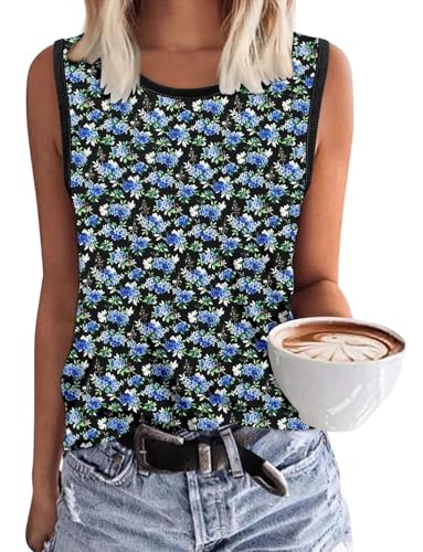 KISSMODA Womens Flora Print Tank Tops Ribbed Summer Shirt Sleeveless Summer Casual Women Blouses(S-3XL)