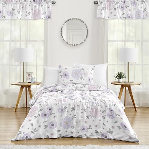Image of Sweet Jojo Designs 2-Piece Twin Comforter Set (Purple /Grey Boho Floral) for Girls, Kids, Teen, College Bed Room incl. Single Size Bedding & Sham (Watercolor, Flower, Elegant, Rose, Farmhouse, Blush)