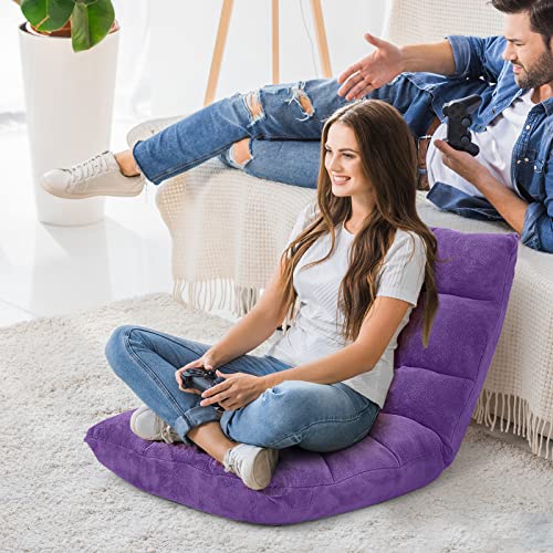 Image of COSTWAY Adjustable Gaming Chair, Purple, 14-Position Back Support, Soft Coral Fleece, Portable, Lightweight, 22 inch x 24 inch x 22 inch
