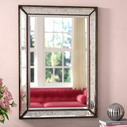 Large Rectangle Antique Decorative Accent Wall Mounted Mirror in Rectangular shapes Angled Beveled Mirror Frame and Beaded Accents Living room Bedroom Vanity Bathroom Horizontal & Vertical (24x36)