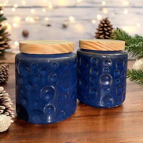 Image of Ceramic Kitchen Storage Jar Set of 2 (750 ml)| Airtight Blue Canisters for Tea, Sugar & Spices | Modern Storage Containers | Airtight Pickle /Barni Jars with Lid | Countertop Food Jars for Kitchen
