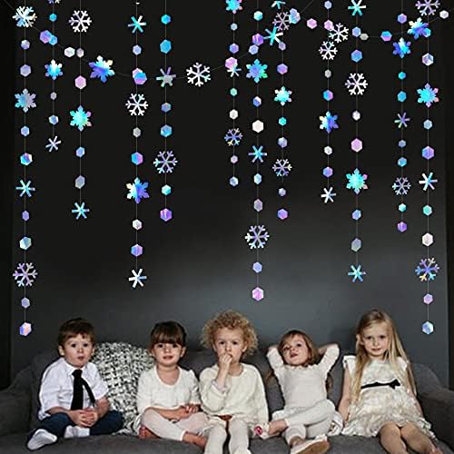 52Ft Iridescent Snowflakes Garland Winter Wonderland Party Decorations Metallic Glitter Paper Snowflakes Streamer for Winter Wonderland Frozen Birthday Wedding Baby Bridal Shower Christmas Decorations