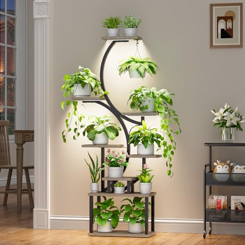 Image of Plant Stand with Grow Lights for Indoor Plants, 8-Tiered Tall Corner Plant Shelf with Full Spectrum Light, S-Shaped Space-Saving Narrow Flower Holder, Anti-Tip for Living Room Bedroom Office, Grey