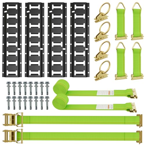 E Track Tie Down Kit - 30PCS Heavy Duty Cargo Control System with 4x16 Steel Rails 4 O-Rings 4 Rope Tie-Offs 2x15ft Ratchet Straps 16 Bolts for Enclosed Trailer Truck Motorcycle ATV Garage