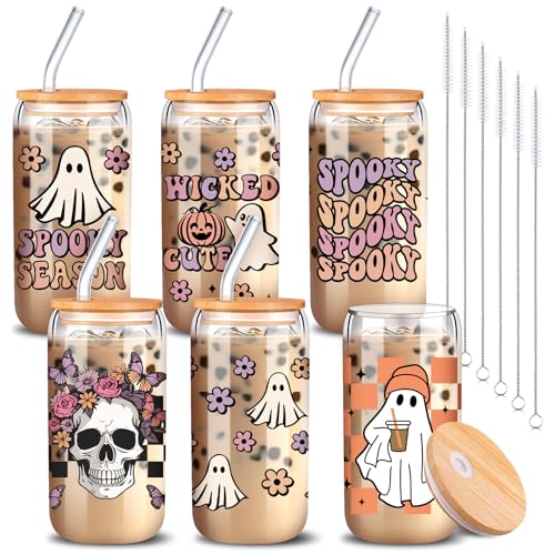 SiliFine 6 Pcs Halloween Glasses 16 oz Cute Ghost Flower Skull Cups with Bamboo Lid and Glass Straw Spooky Pumpkin Bat Can Shaped Mason Drinking Jars Iced Coffee Cups for Halloween Party Gift