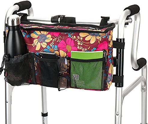 Walker Bag - Water Resistant Pouch Basket with 6 Pockets for Rollator and Folding Walker, Wheelchairs,Bariatric Walkers (Flower)
