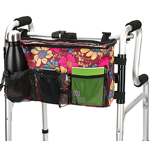 Walker Bag - Water Resistant Pouch Basket With 6 Pockets For Rollator And Folding Walker, Wheelchairs,Bariatric Walkers (Flower) #TOP3