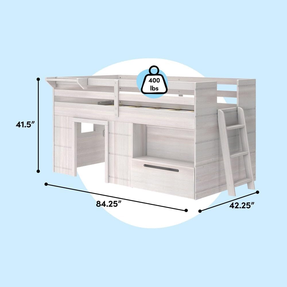 Max & Lily Modern Farmhouse Low Loft (Twin), with Storage Drawer, White Wash