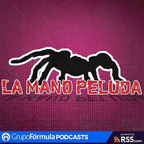 The radio show logo for "La Mano Peluda" in red, crackled letters. Above the text is a black outlined drawing of a tarantula crawling to the left. The background if a pink-maroon.