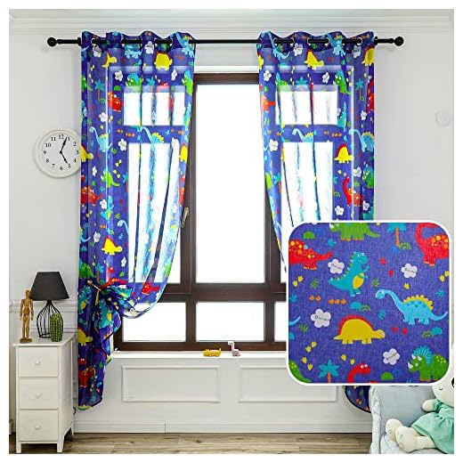 Cortinas Infantiles Niño Dos Paneles de 140x260cm- Cortinas Juveniles Animales para Habitación Sala de Estar 2 Piezas Patrón de Dinosaurio