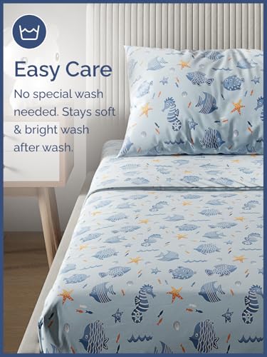 Image of Kids Queen Size Blue Fish Bed Sheets - 4 Piece Kids Blue Fish Sheet Set | Blue Fish Themed Bedding, Ultra-Soft, Cute & Cozy, Breathable & Machine Washable, Bed Set for Boys, Girls & Teens, Breathable