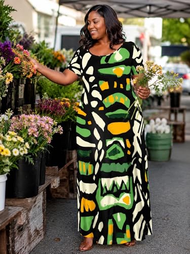 Image of PinkPatty Plus Size Maxi Dress for Women Summer Casual Short Sleeve Tshirt Dresses with Pockets (XL-6XL)
