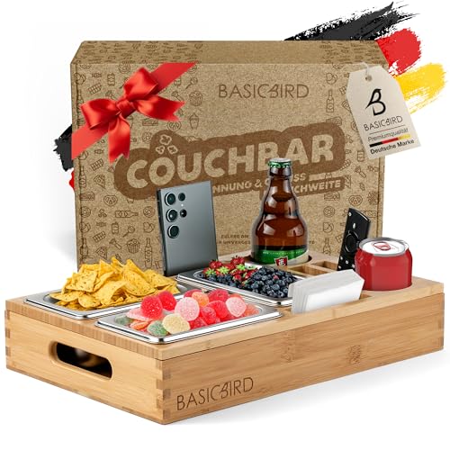 Couchbar Snackbox Aus Holz - Mit 3 Schalen, 2 Getränkehaltern & Handyhalterung