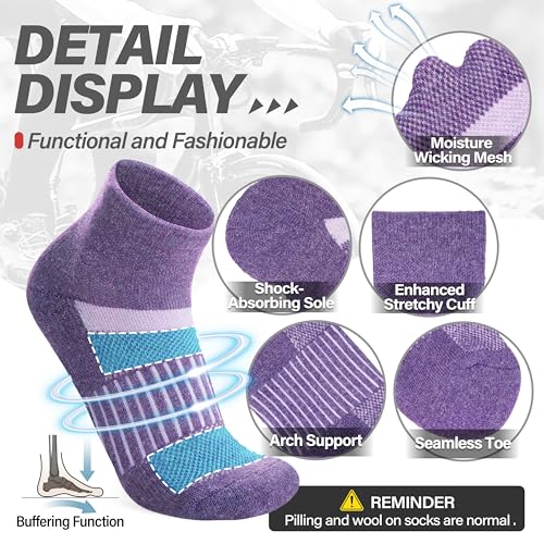 Image of 6 Pairs Merino Wool Ankle Running Hiking Socks Compression Support Breathable Thick Cushion No Show Socks for Women Men