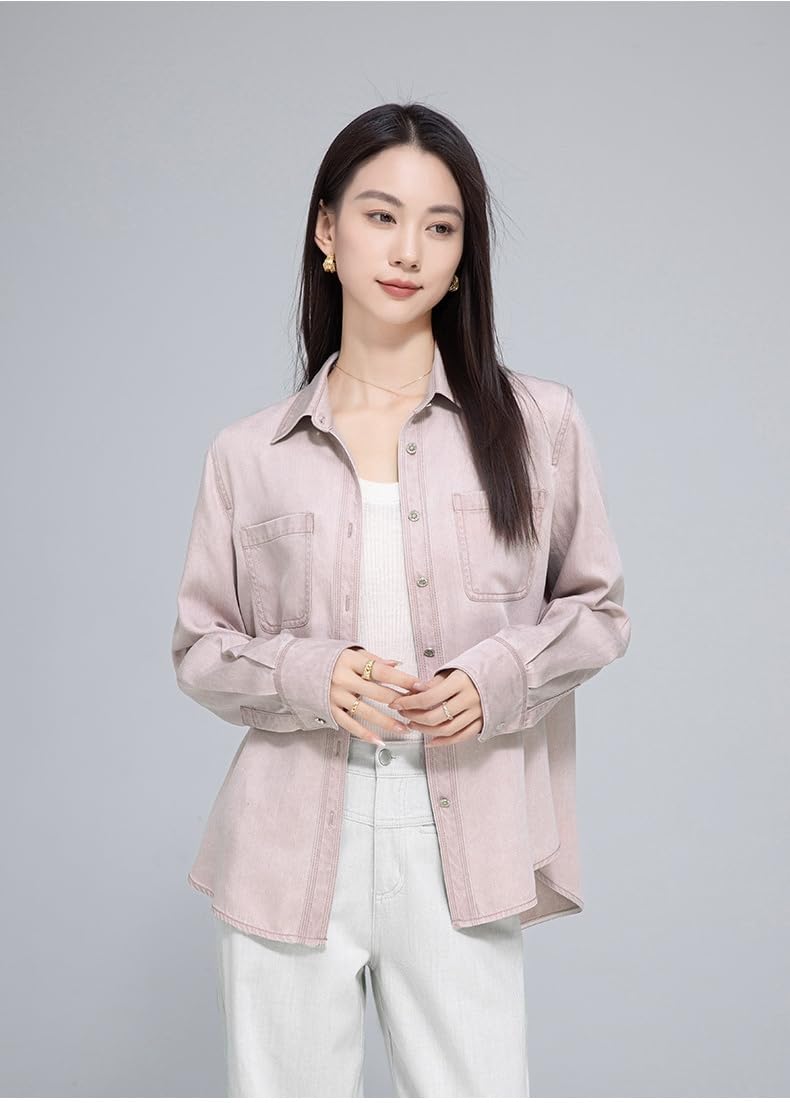 Camisa Vaquera Suave Y Ligera para Mujer, Blusa Vintage Rosa De Manga Larga con Solapa, Botones Y Bolsillos En El Pecho, Camisetas De Algodón, Chaquetas Informales Holgadas