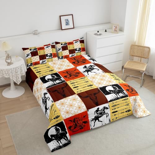 Image of Feelyou Boys Western Bull Skull Bedding Set Kids Teens Boho Cow Longhorn Skullhead Comforter Set Queen Size Bohemian Cowboy Duvet Insert Southwest Country Ranch Room Decor