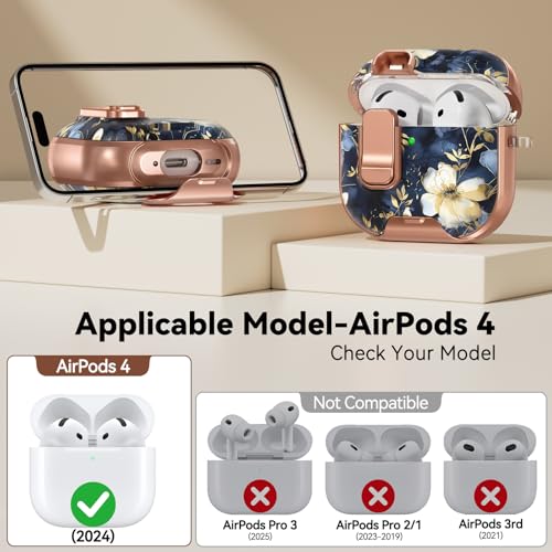 Image of for AirPod 4 Case, with Safty Lock & Phone Stand for Floral AirPod 4 Generation Case Cover for Women Girly, iPod 4 Cases with Keychain & Cleaner Kit -Blue Gold Flower