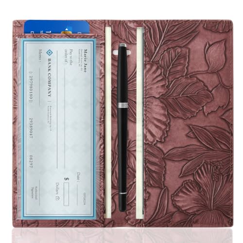 Image of CoBak Premium Leather Checkbook Cover - RFID Blocking, Classic Design, Slim & Durable - Perfect for Personal & Business Checks,Red Embossed Narcissus