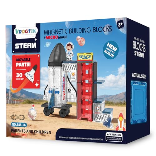 VROGTIK Space Magnetic Tiles for Kids, 30 Piece STEM Magnetic Building Blocks Set, Rocket Ship Space Station Educational Construction Toy with...