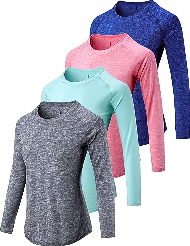 Opiniones de Ropa de Atletismo los más recomendados. 41 Paquete de 4: camisetas atléticas de manga larga para mujer con agujeros para el pulgar, ajuste seco, cuello redondo activo, Azul marino/carbón/azul claro/rosa claro, Large