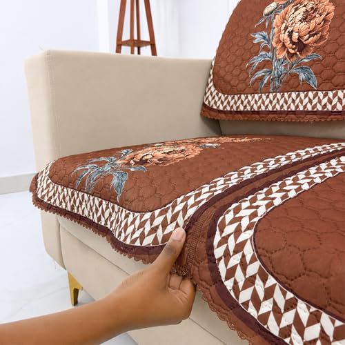 Image of Homerz 'Brooklyn Series' Premium Sofa Cover | Quilted Floral Design | Non-Slip Washable Sofa Protector | Soft Anti Slip Fabric (Ny Mustard, 2 Seater, Seat Cover with Backrest)
