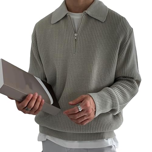 Men's Boathouse Tipped Quarter-Zip Sweater Casual Ribbed Knit Polo Sweaters Men's Casual Loose Fit Sweater