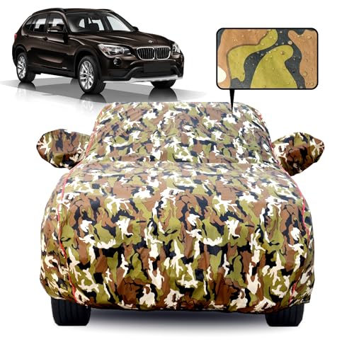 Image of Waterproof Car Body Cover for BMW X1 with Mirror Pocket, Soft Cotton Lining, Triple Stitched, Full Bottom Elastic (Heat Resistant Jungle Print with Red Piping)