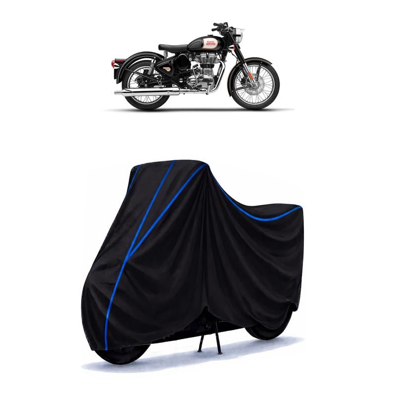 Image of Scrambler 500 Bike Cover Water Resistant Universal Motorcycle Rain | Heavy Duty UV Protection, Dust, Scratch Indoor Outdoor All Weather with Black Blue Piping Elastic