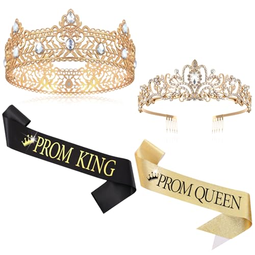 Lyrow 4 Pcs Prom King and Queen Crown Set Prom King Crown with Sash for Graduation Queen Tiara with Sash for Grad Couple Accessories Homecoming Birthday Party(Classic Black Gold)
