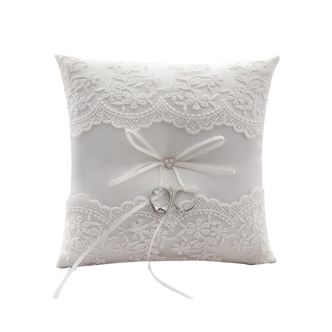 CAKEEYUM CAKEEYUM Almohada de Boda de Encaje Perla Anillo de Boda Almohada de satén flor cojín Portador para Boda en la Playa beigeAnillo Almohada Boda cojín Boda Almohada satén flor Almohada cojín Portador