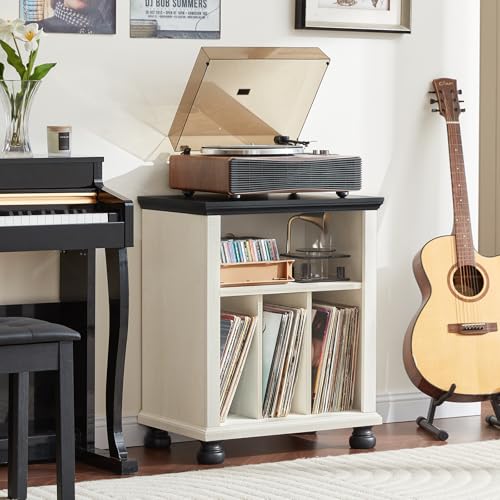 LELELINKY Plattenspieler Ständer, Plattenspieler Regal Bietet Platz für bis zu 200 Alben, Großes Holz Plattenspieler Tisch, Schallplatten Regal für Wohnzimmer, Schlafzimmer, Büro, Weiß