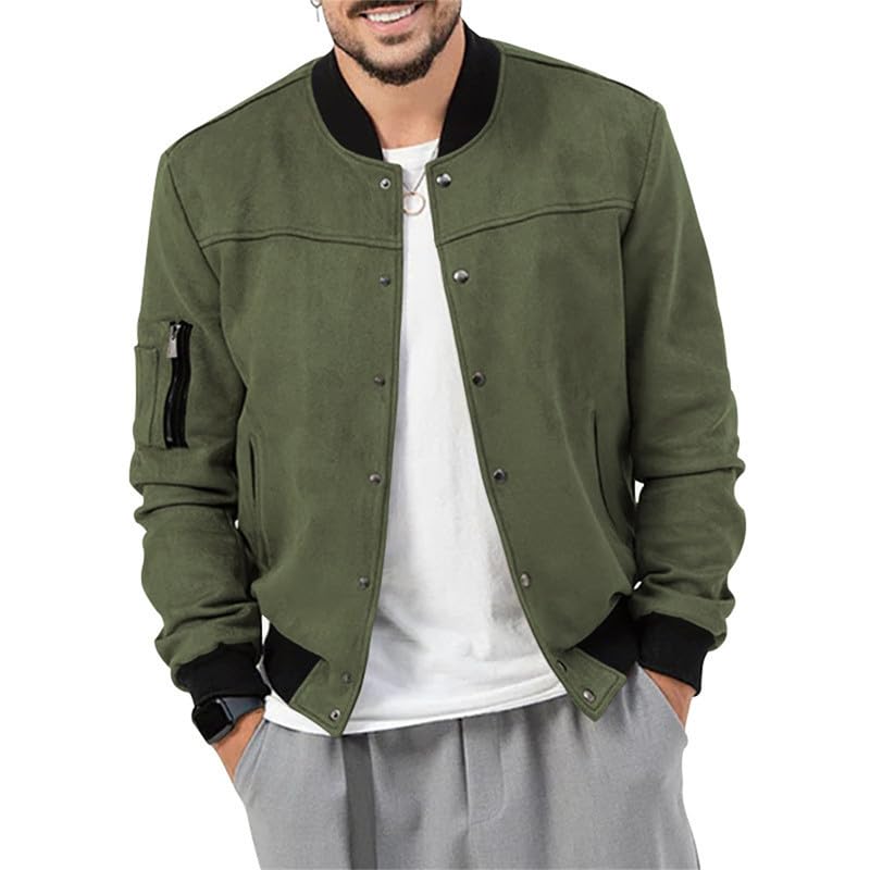 Image of Mens Faux Suede Bomber Jacket Varsity Jacket Windbreaker Vintage Casual Lightweight Leather Coats Jackets
