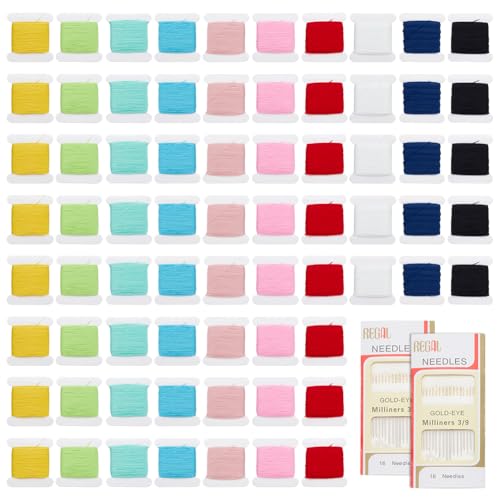 ORIGACH 80 Pcs Darning Yarn Set with 32 Eye Sewing Needles 10 Colors 160m per Color Total 1600m Polyester-Cotton Thread Sewing Needles Kit for Embroidery Quilting Hand Crafts & Sewing