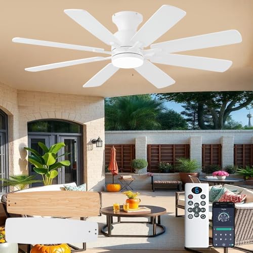 KNUN 52Inch White Ceiling Fan, Low Profile Ceiling Fans with