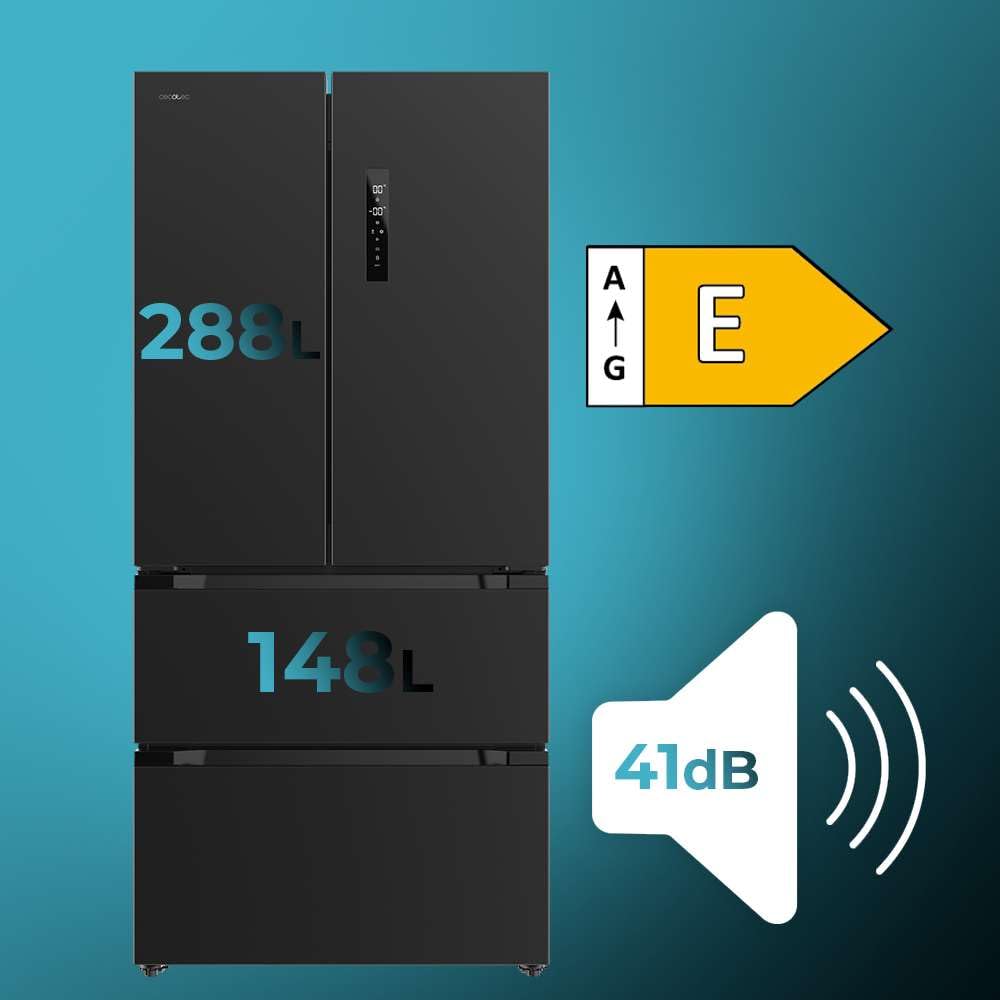 Cecotec Frigorífico puerta francesa Bolero CoolMarket FD 436 Dark E. Compresor Inverter Plus Frigorífico 4 Puertas Estilo Francés Dark 183X84Cm, 510L, No Frost, Clase Energética E, Metal Cooling
