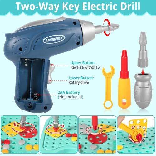 Image of Electric Drill Screw Tool Set Creative Mosaic Puzzle Toy, 224 Pcs 3D Creativity Educational Kit Construction Toy Birthday Gift for Ages 3 4 5 6 Years Boys Girls (Bus Shape Blue)