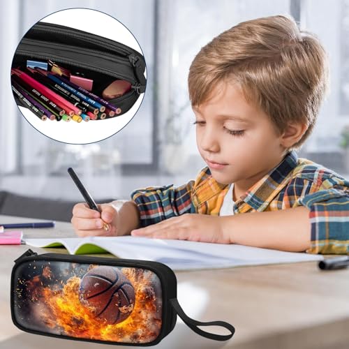 Image of TILYTADLY Large Pencil Case for Boys - Basketball Boys Pencil Pouch with Zipper Compartments - Big Capacity Pen Box Pen Bag Organizer with Keychain for Kids Teens School