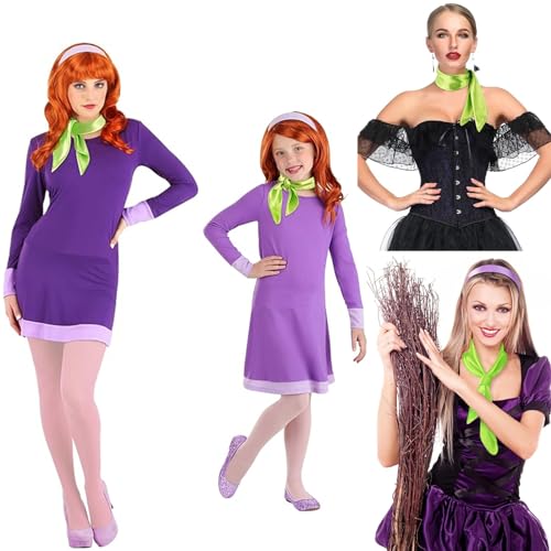 Generic XHBTS Costume Women Purple 1 Inch Wide Satin Headband and Green Silk Square Scarf Pure Color Head Scarf for Cosplay Party Set3