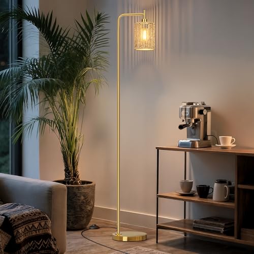 Image of Oneach 66 inch Gold Floor Lamp for Living Room, Boho Floor Lamp with Remote Control and LED Bulb, Rattan Shade, Industrial Tall Farmhouse Standing Lamp for Bedroom, Dining Room, Study Room, Office