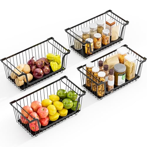 4 Pcs Stackable Wire Baskets for Pantry Organizers and Storage,Kitchen Storage Metal Baskets,Produce Potato Onion Storage Bin,Vegetable Fruit Basket for Countertop,Black - image 8