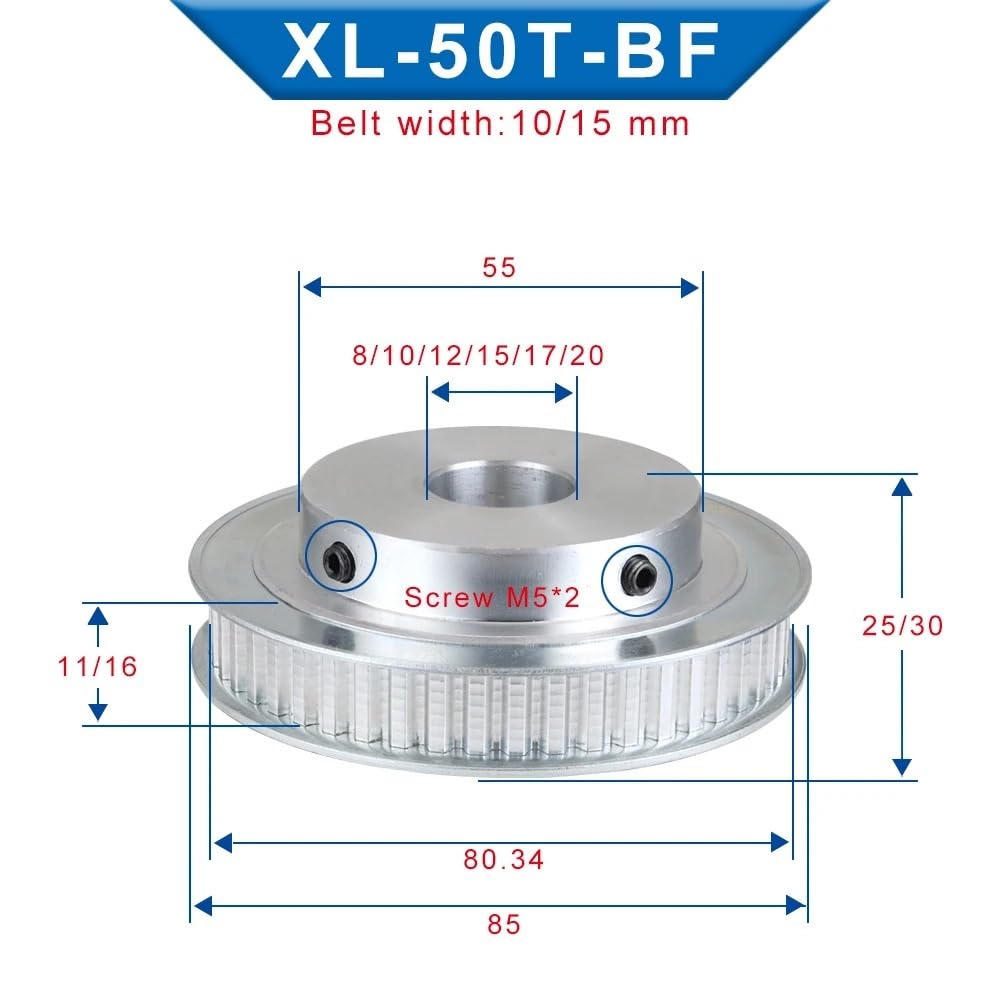 Poulie de distribution XL50T, 1 pièce, dents trapézoïdales, alésage: 6/8/10/12/14/15/16/17/19/20mm, poulie en alliage, pas de dents: 5,08mm, largeur de courroie: 15mm.(12x4x1.8 mm,For Belt 15 mm)