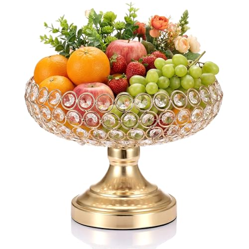OwnMy Gold Crystal Fruit Bowl for Kitchen Counter, 10 Inch Large Decorative Bowl for Table Centerpieces, Crystal Candy Dish for Office Desk Home Decors, Metal Pedestal Bowl for Entryway Table