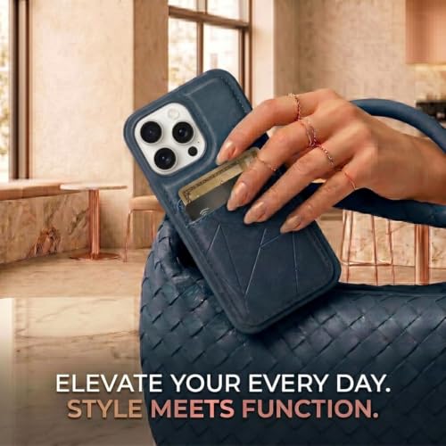 Image of amazon basics Premium Vegan Leather Back Cover with Card Holder and Integrated Mobile Stand for iPhone 16 Pro - Slim Shockproof Wallet Case with Geometric Stitching [Blue]