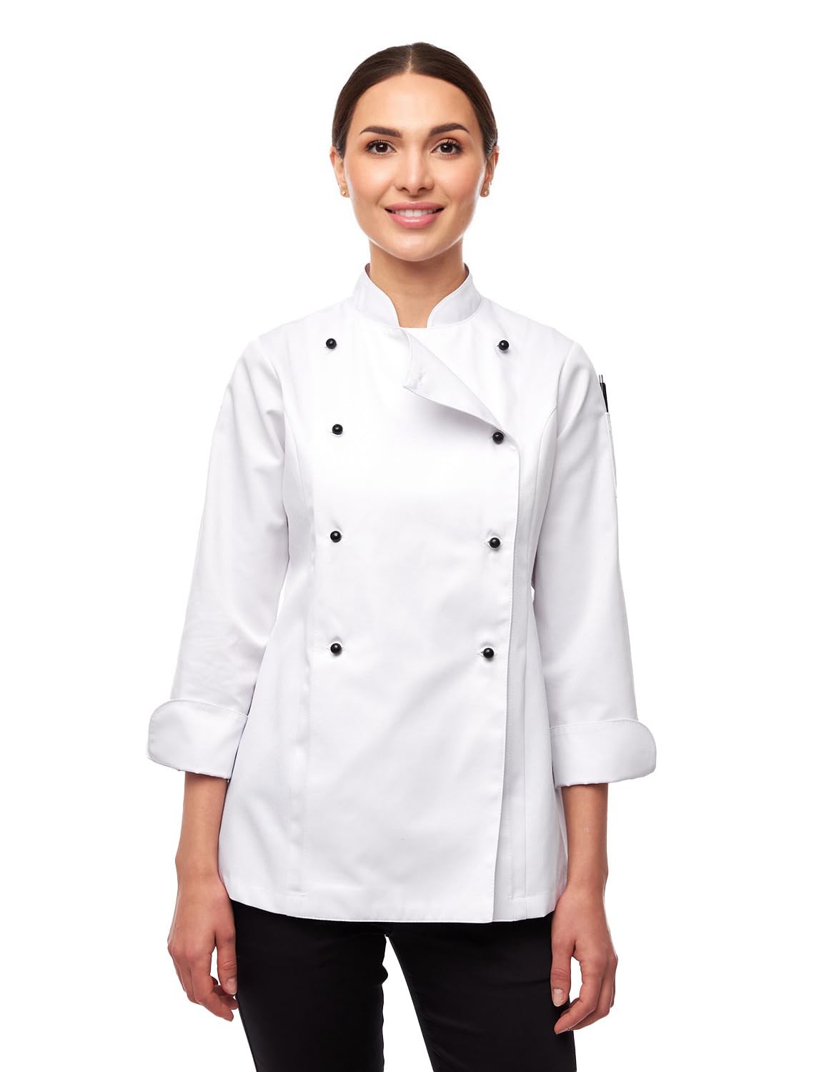 strongAnt Chaqueta de Chef de Mujer de Manga Corta o Larga con Botones de Bola confeccionada en algodón. Uniforme de Chef, Chaqueta de Panadero. Color: Negro, Gris, Blanco