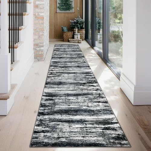 KOZYFLY Modern Abstract Kitchen Runner Rug, 2x12 Washable Rug Runner Non-Slip Soft Striped Hallway Runner Rugs, Black Navy Blue Grey Carpet Runner for Entryway Bathroom Laundry Room Foyer