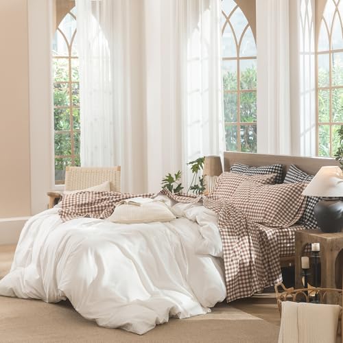 Image of MooMee Gingham Sheet Set 100% Washed Cotton Linen Like Textured Breathable Soft w / Fully Elasticized 16-19 inch Deep Pocket (Classic Gingham Dark Orange, Queen)