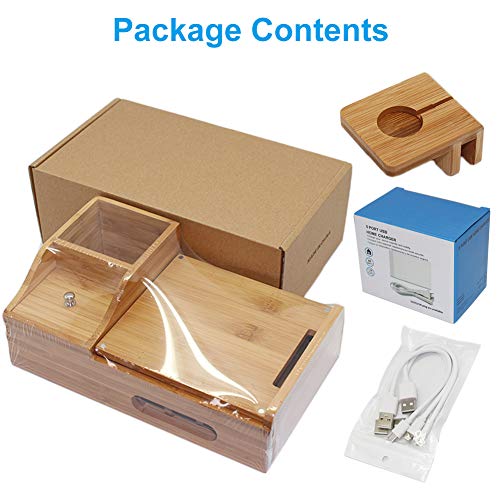 Bamboo Charging Station for Multiple Devices with 5 Port USB Charger, 5 Charger Cables and Apple Watch Stand. Wood Desktop Dock Stations Electronic Organizer for Cell Phone, Tablet, Watch, Office