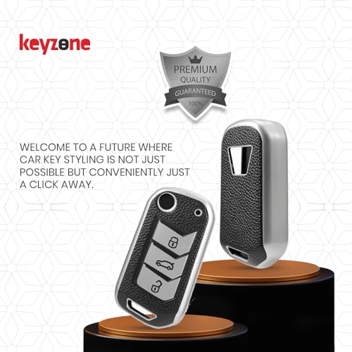 Image of Keyzone Leather TPU Key Cover Compatible for Mahindra Thar, Bolero, Scorpio, XUV700, XUV400, XUV300, TUV300, Marazzo 3 Button flip Key (Black)