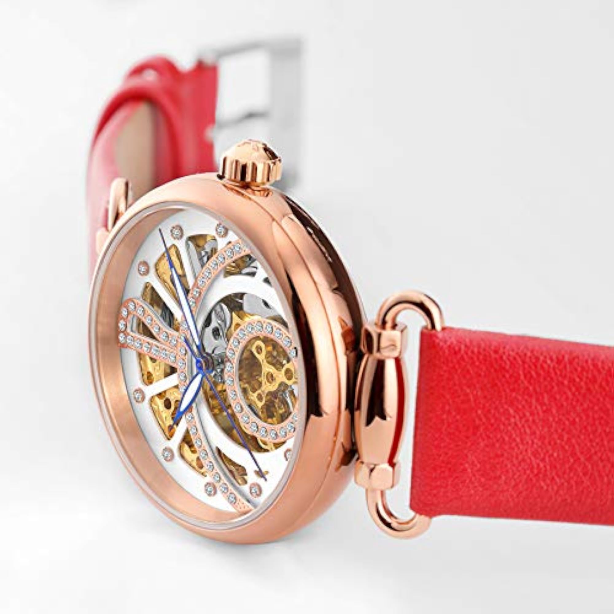 Women's Vintage Skull Automatic Mechanical Watch, Red Leather Strap