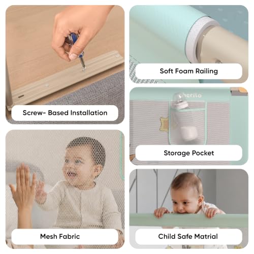 Image of Cherilo Bed Rails for Baby | Pack of 3 (Each Rail: 6ft / 180 cm) | 3 Side Bed Safety Guard for Kids | Foldable & Height Adjustable | Breathable Mesh, Kids-Friendly Prints | Sea Green (Pack of 3)